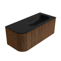 MONDIAZ KURVE 105cm badmeubel ronding Links kleur Walnut met 1 lade en 1 deur. Wastafel BIG SMALL Rechts 1 kraangat Urban.