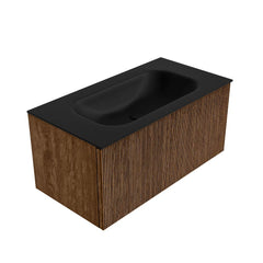MONDIAZ KURVE 90cm badmeubel kleur Walnut met 1 lade en 0 deuren. Wastafel BIG SMALL Midden zonder kraangat Urban.