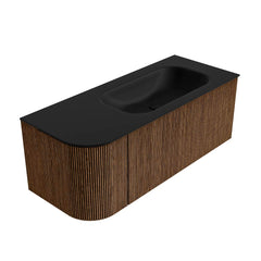MONDIAZ KURVE 115cm badmeubel ronding Links kleur Walnut met 1 lade en 1 deur. Wastafel BIG SMALL Rechts 1 kraangat Urban.
