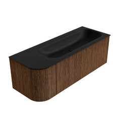 MONDIAZ KURVE 125cm badmeubel ronding Links kleur Walnut met 1 lade en 1 deur. Wastafel BIG MEDIUM Rechts 1 kraangat Urban.