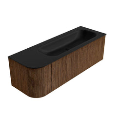 MONDIAZ KURVE 135cm badmeubel ronding Links kleur Walnut met 1 lade en 1 deur. Wastafel BIG MEDIUM Rechts 1 kraangat Urban.
