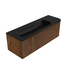 MONDIAZ KURVE 135cm badmeubel ronding Rechts kleur Walnut met 1 lade en 1 deur. Wastafel BIG MEDIUM Links 1 kraangat Urban.