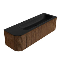 MONDIAZ KURVE 145cm badmeubel ronding Links kleur Walnut met 1 lade en 1 deur. Wastafel BIG LARGE Rechts 2 kraangaten Urban.