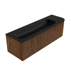 MONDIAZ KURVE 145cm badmeubel ronding Rechts kleur Walnut met 1 lade en 1 deur. Wastafel BIG LARGE Links 2 kraangaten Urban.