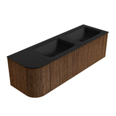 MONDIAZ KURVE 145cm badmeubel ronding Links kleur Walnut met 1 lade en 1 deur. Wastafel CLOUD Dubbel / Rechts 2 kraangaten Urban.