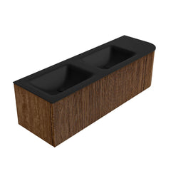 MONDIAZ KURVE 145cm badmeubel ronding Rechts kleur Walnut met 1 lade en 1 deur. Wastafel CLOUD Dubbel / Links 2 kraangaten Urban.