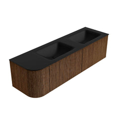 MONDIAZ KURVE 155cm badmeubel ronding Links kleur Walnut met 2 lades en 1 deur. Wastafel CLOUD Dubbel / Rechts 2 kraangaten Urban.