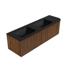 MONDIAZ KURVE 155cm badmeubel ronding Rechts kleur Walnut met 2 lades en 1 deur. Wastafel CLOUD Dubbel / Links 2 kraangaten Urban.