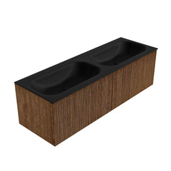 MONDIAZ KURVE 140cm badmeubel kleur Walnut met 2 lades en 0 deuren. Wastafel BIG SMALL Dubbel 2 kraangaten Urban.