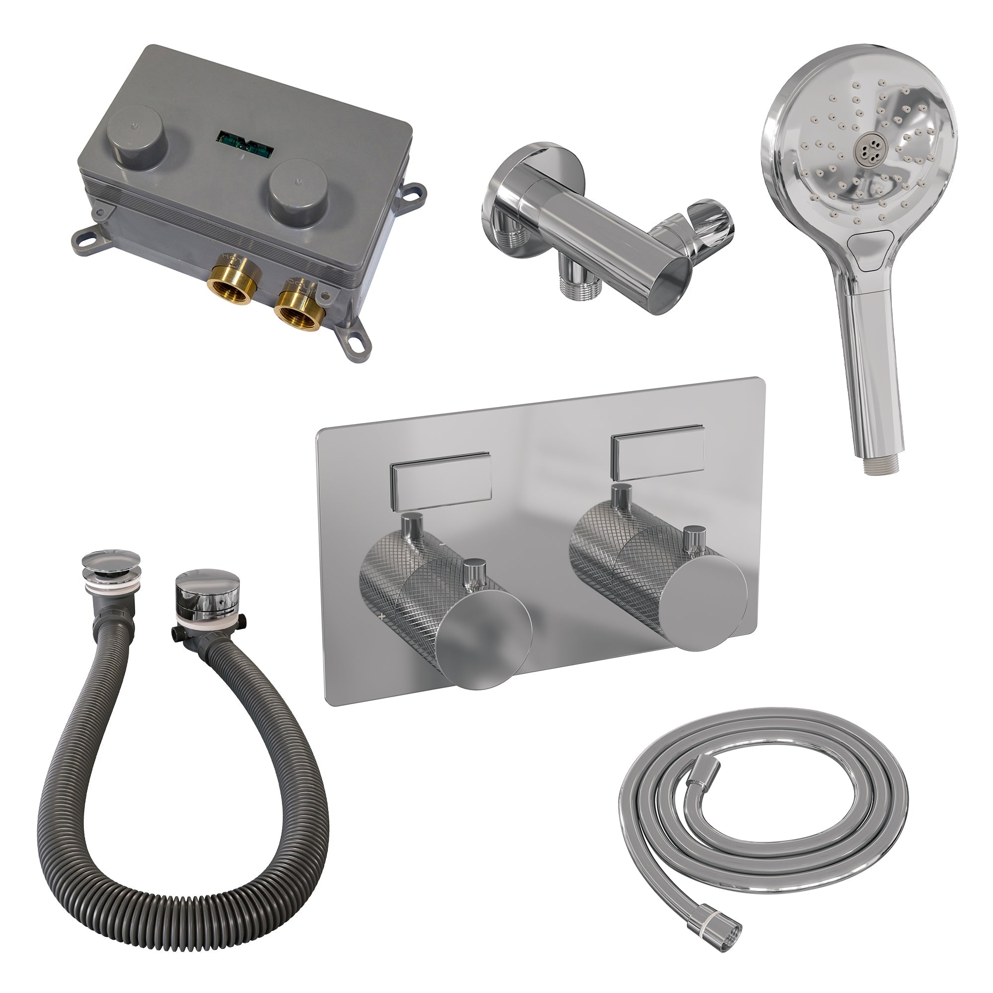 Brauer Brushed Carving thermostatische inbouw badkraan met drukknoppen SET 04 met badvulcombinatie en 3-standen handdouche en doucheslang en wandaansluitbocht Geborsteld RVS PVD -  5-NG-213
