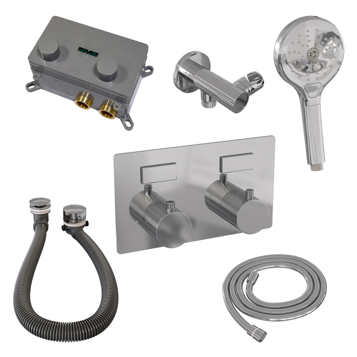 Brauer Brushed Carving thermostatische inbouw badkraan met drukknoppen SET 04 met badvulcombinatie en 3-standen handdouche en doucheslang en wandaansluitbocht Geborsteld RVS PVD -  5-NG-213