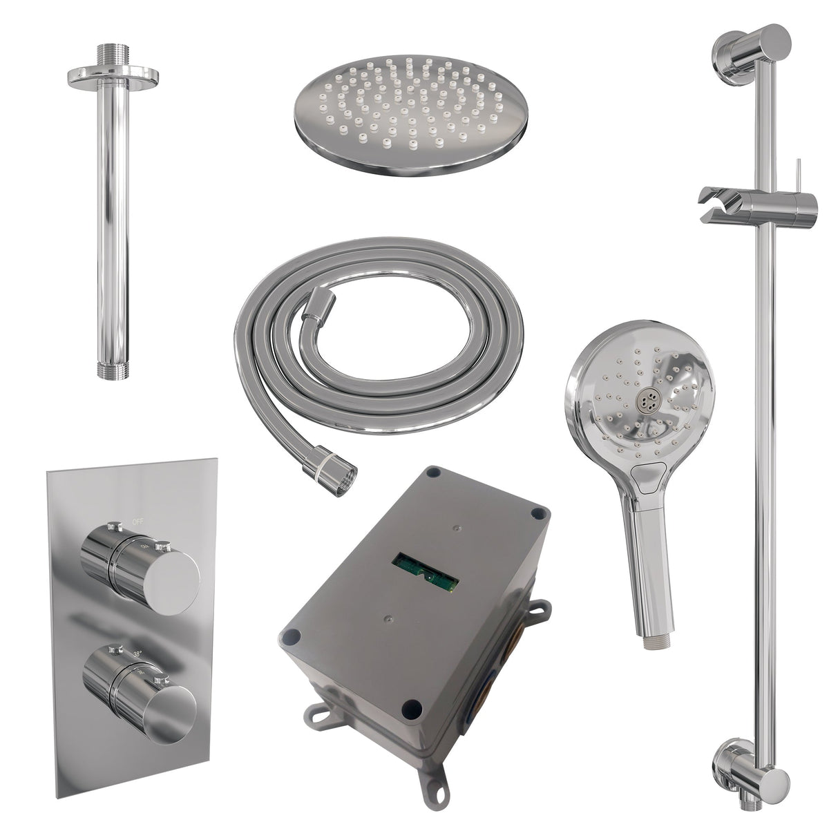 Brauer Edition inbouwset met 3-weg thermostaat - hoofddouche 20cm - plafondbuis 20cm - ronde 3-standen handdouche - glijstang met aansluitbocht - chroom