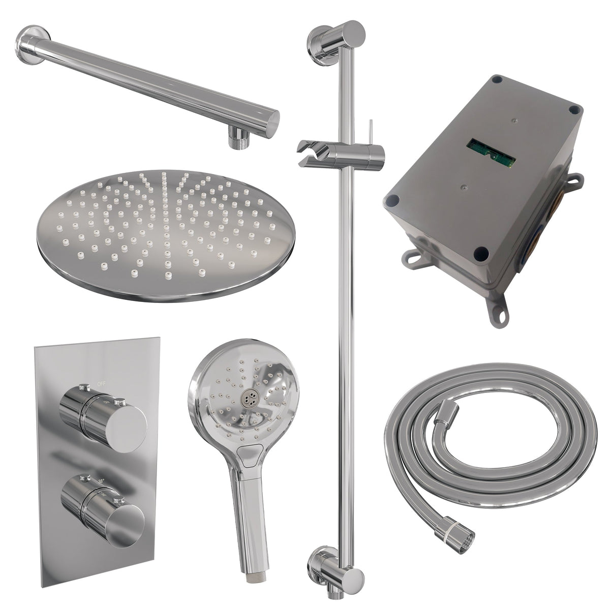Brauer Edition inbouwset met 3-weg thermostaat - hoofddouche 30cm - rechte wandarm 40cm - ronde 3-standen handdouche - wandaansluiting - chroom