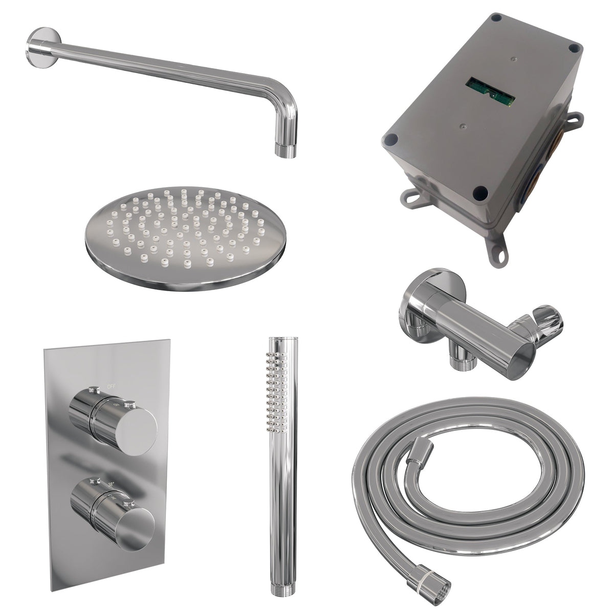 Brauer Edition inbouwset met 3-weg thermostaat - hoofddouche 20cm - gebogen wandarm 40cm - staafhanddouche - wandaansluiting - chroom