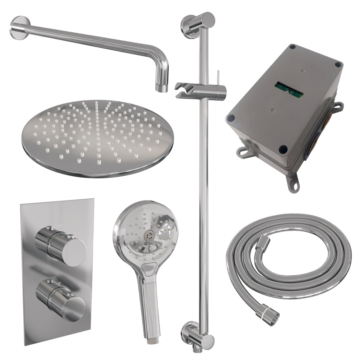 Brauer Edition inbouwset met 3-weg thermostaat - hoofddouche 30cm - gebogen wandarm 40cm - ronde 3-standen handdouche - glijstang met aansluitbocht - chroom