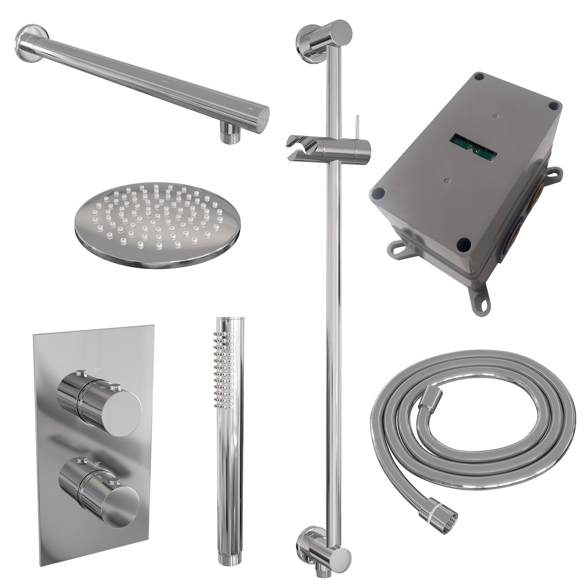 Brauer Edition inbouwset met 3-weg thermostaat - hoofddouche 20cm - rechte wandarm 40cm - staafhanddouche - glijstang met aansluitbocht - chroom