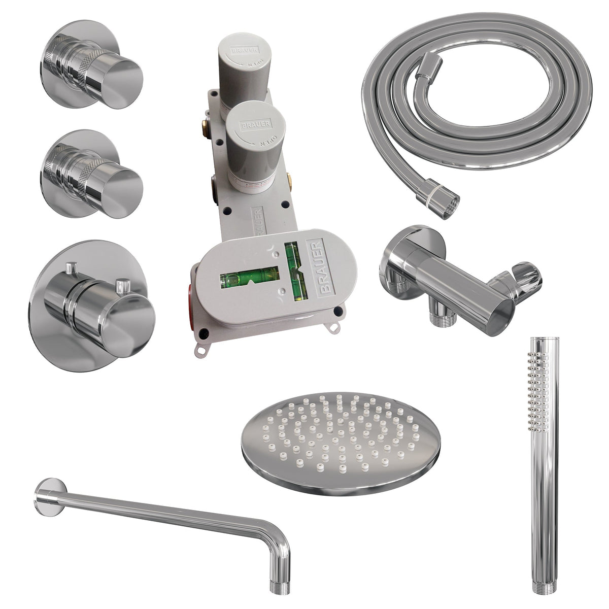 Brauer Edition thermostatische inbouw doucheset - hoofddouche 20cm - wandarm gebogen - staafhanddouche - chroom
