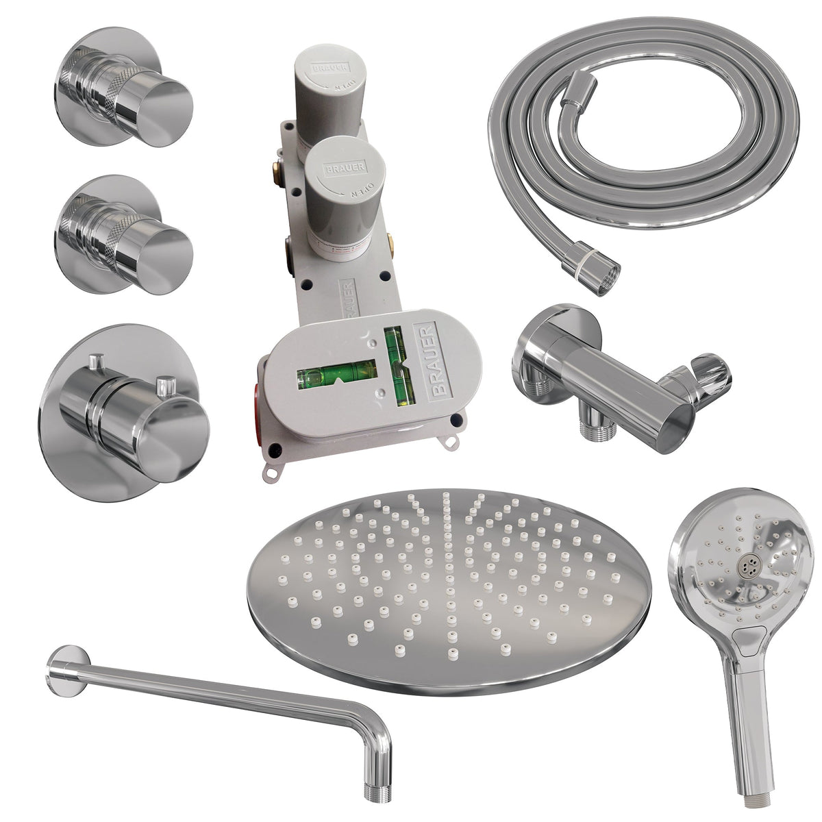 Brauer Edition thermostatische inbouw doucheset - hoofddouche 30cm - wandarm gebogen - staafhanddouche - Glijstang - geborsteld RVS PVD