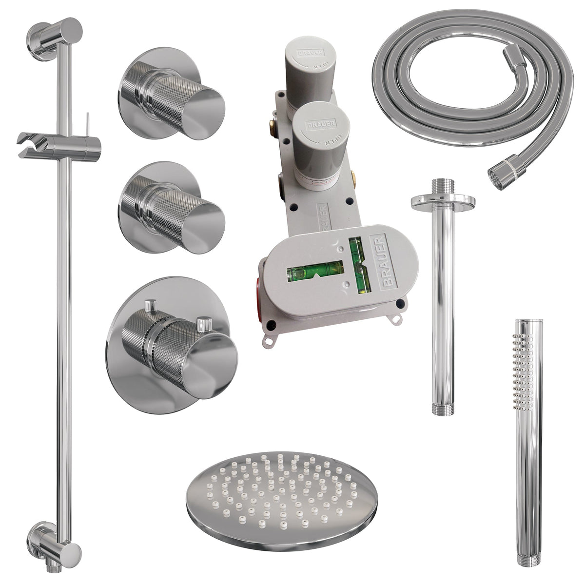 Brauer Carving thermostatische inbouw doucheset - hoofddouche 20cm - plafondbuis - staafhanddouche - Glijstang - geborsteld RVS PVD