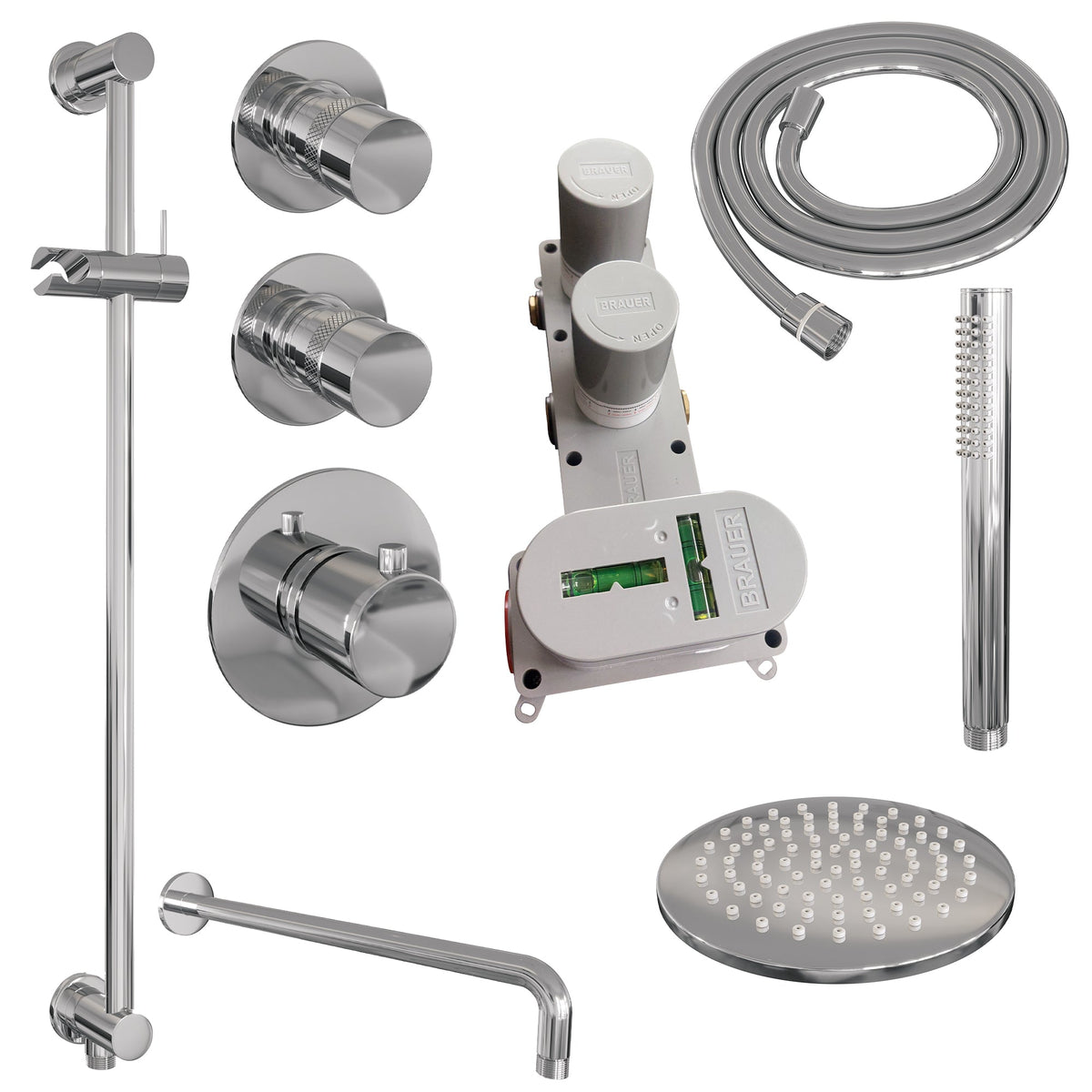 Brauer Edition thermostatische inbouw doucheset - hoofddouche 20cm - wandarm gebogen - staafhanddouche - Glijstang - geborsteld RVS PVD