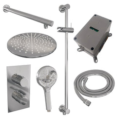 Brauer Carving inbouwset met 3-weg thermostaat - hoofddouche 20cm - gebogen wandarm 40cm - ronde 3-standen handdouche - glijstang met aansluitbocht - geborsteld RVS PVD