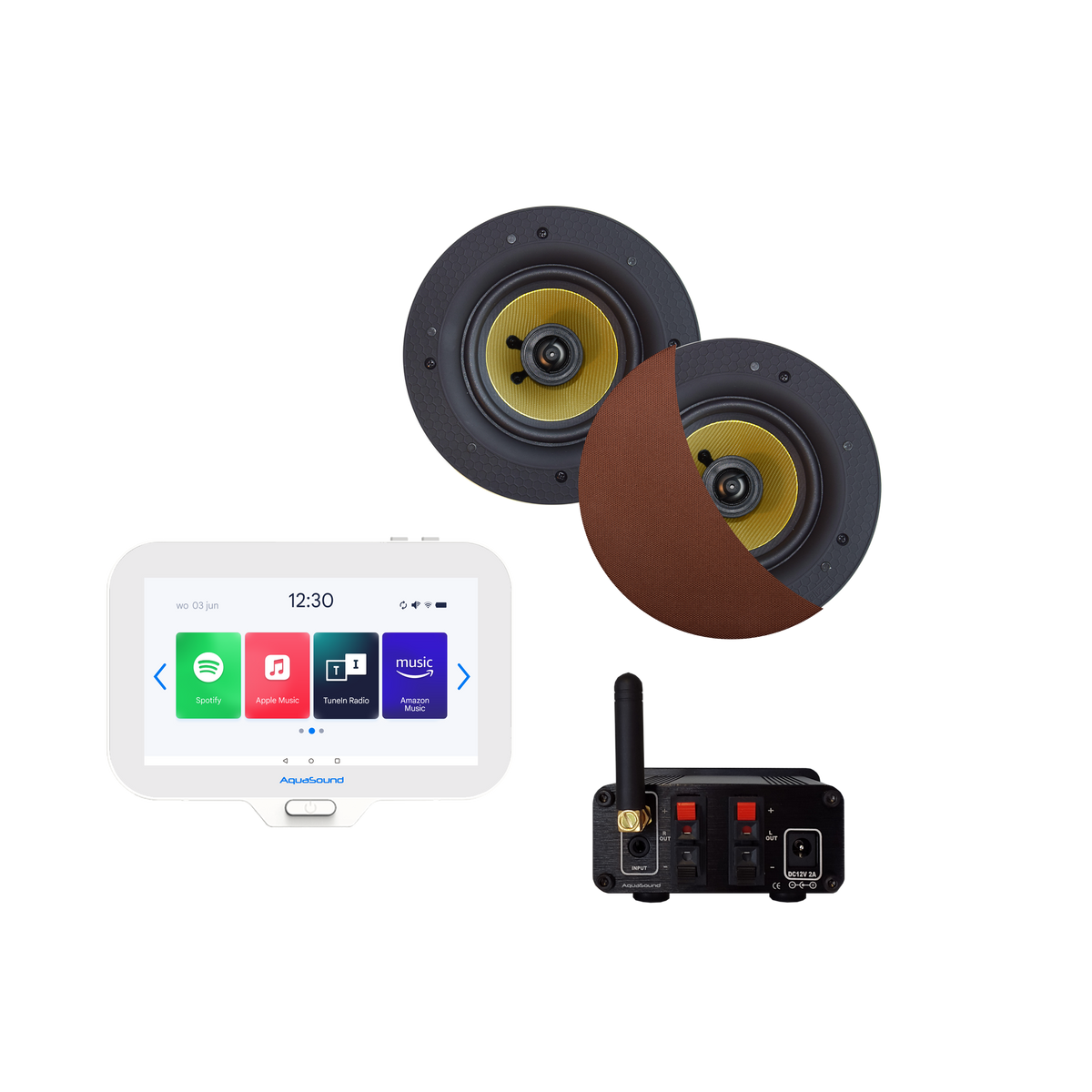N-JOY CONNECT BADKAMERRADIO,  CONTROLLER (IPX7) + WAND LADER + RUMBA SPEAKERSET (BRUSHED COPPER) BLUETOOTH / 30 WATT / 230V/12V