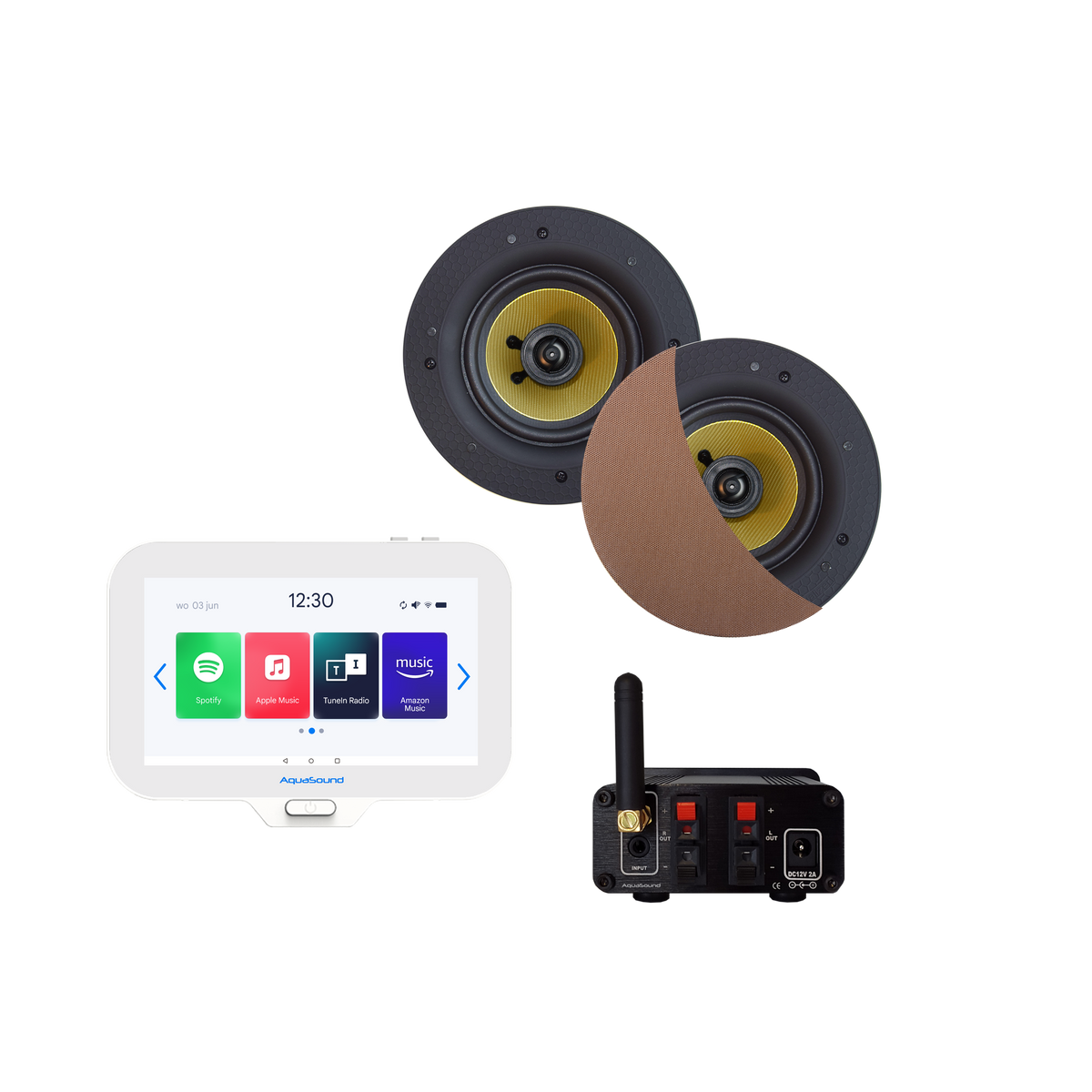 N-JOY CONNECT BADKAMERRADIO,  CONTROLLER (IPX7) + WAND LADER + RUMBA SPEAKERSET (BRUSHED RED GOLD) BLUETOOTH / 30 WATT / 230V/12V