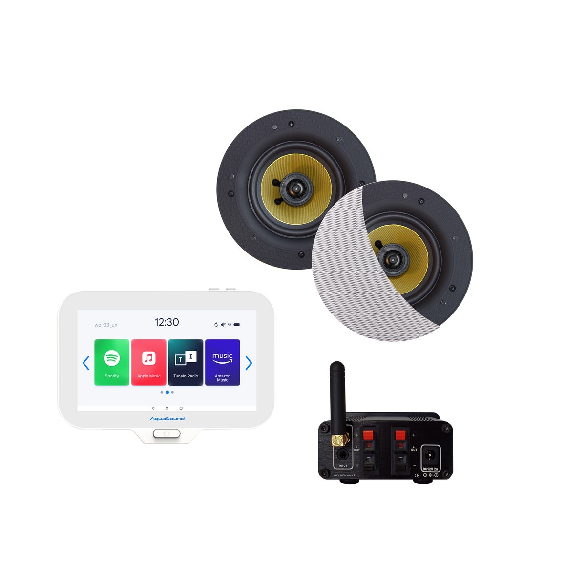 N-JOY CONNECT BADKAMERRADIO,  CONTROLLER (IPX7) + WAND LADER + RUMBA SPEAKERSET WIT+ BLUETOOTH VERSTERKER / 30 WATT / 230V/12V