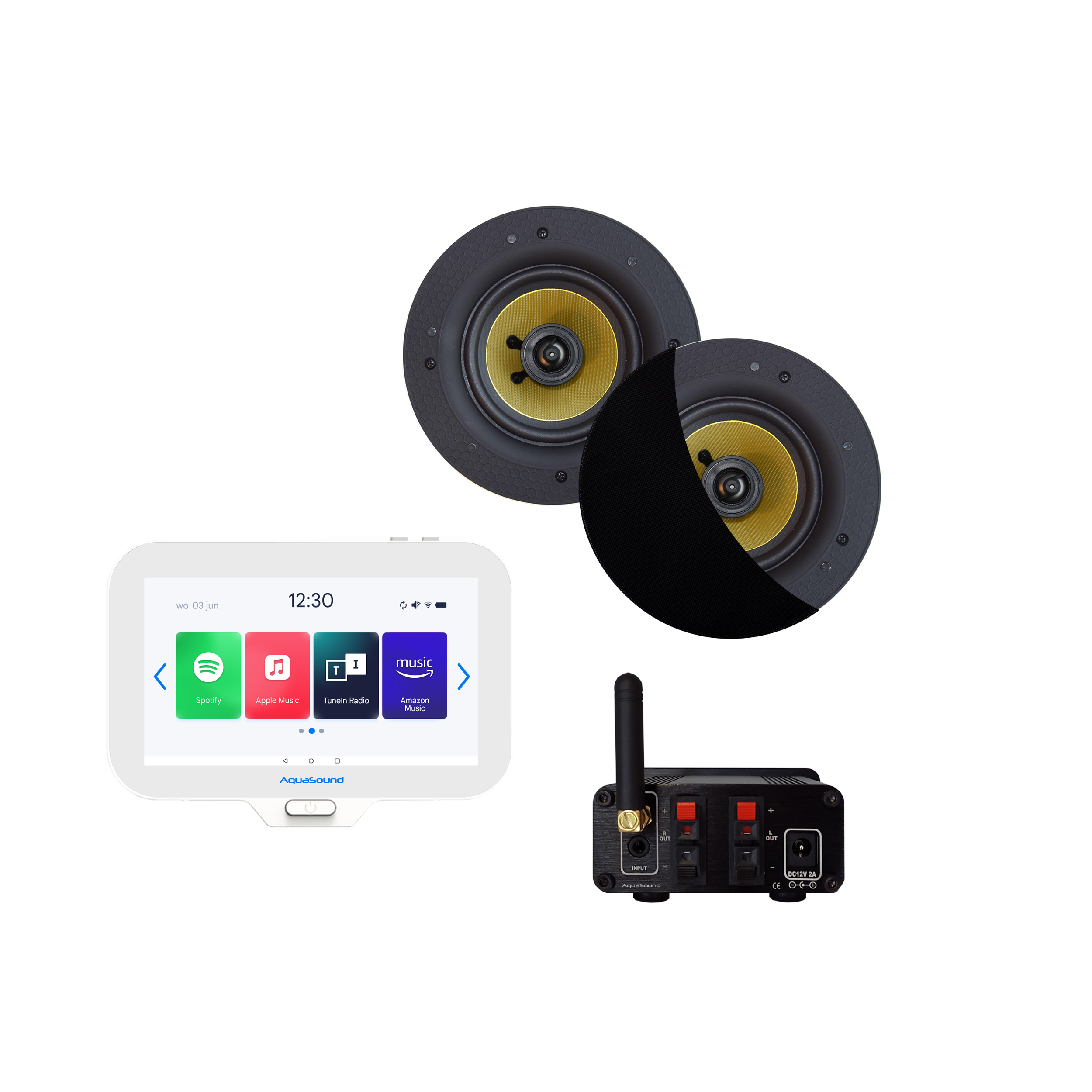 N-JOY CONNECT BADKAMERRADIO,  CONTROLLER (IPX7) + WAND LADER + RUMBA SPEAKERSET ZWART + BLUETOOTH VERSTERKER / 30 WATT / 230V/12V