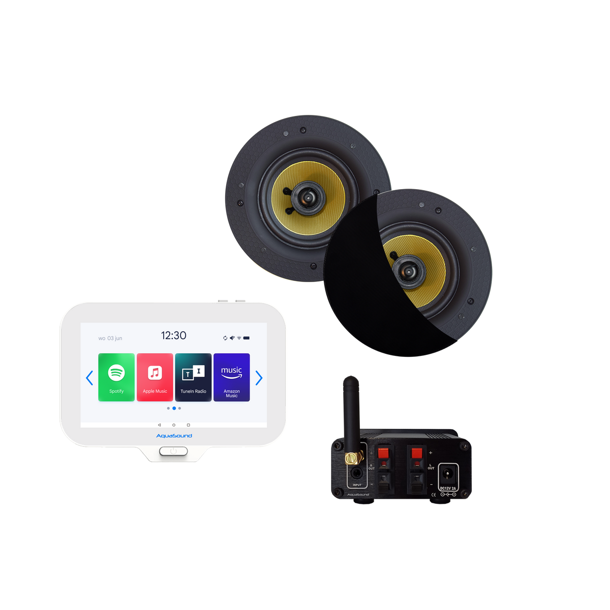 N-JOY CONNECT BADKAMERRADIO,  CONTROLLER (IPX7) + WAND LADER + RUMBA SPEAKERSET ZWART + BLUETOOTH VERSTERKER / 30 WATT / 230V/12V