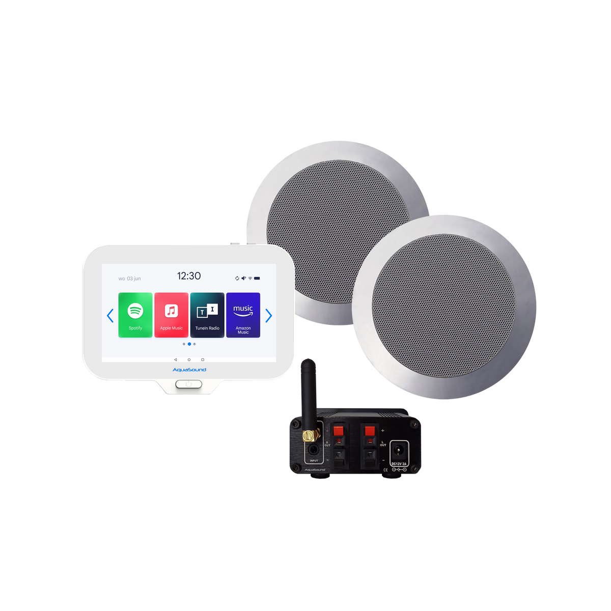 N-JOY CONNECT BADKAMERRADIO,  CONTROLLER (IPX7) + WAND LADER + TWIST SPEAKERSET MAT CHROOM + BLUETOOTH VERSTERKER / 30 W / 230V/12VATT
