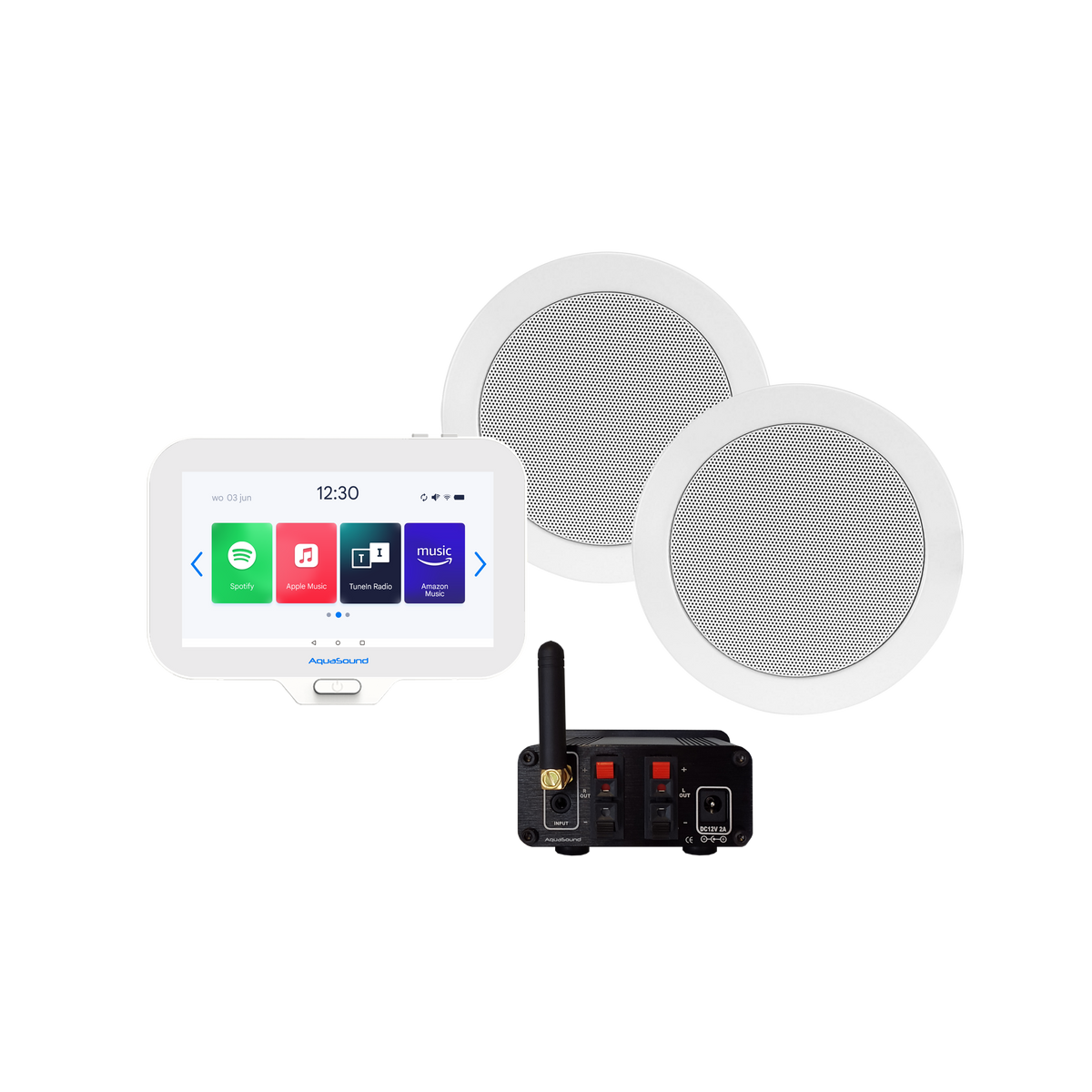 N-JOY CONNECT BADKAMERRADIO,  CONTROLLER (IPX7) + WAND LADER + TWIST SPEAKERSET WIT+ BLUETOOTH VERSTERKER / 30 WATT / 230V/12V