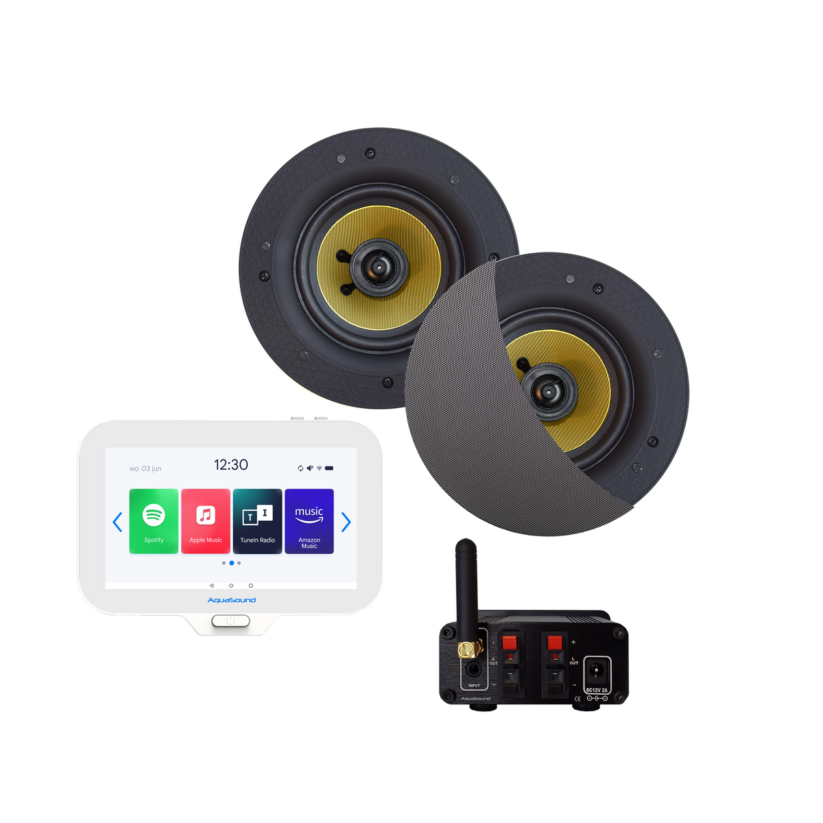 N-JOY CONNECT BADKAMERRADIO,  CONTROLLER (IPX7) + WAND LADER + SAMBA SPEAKERSET MAT CHROOM + BLUETOOTH VERSTERKER / 50 WATT / 230V/12V