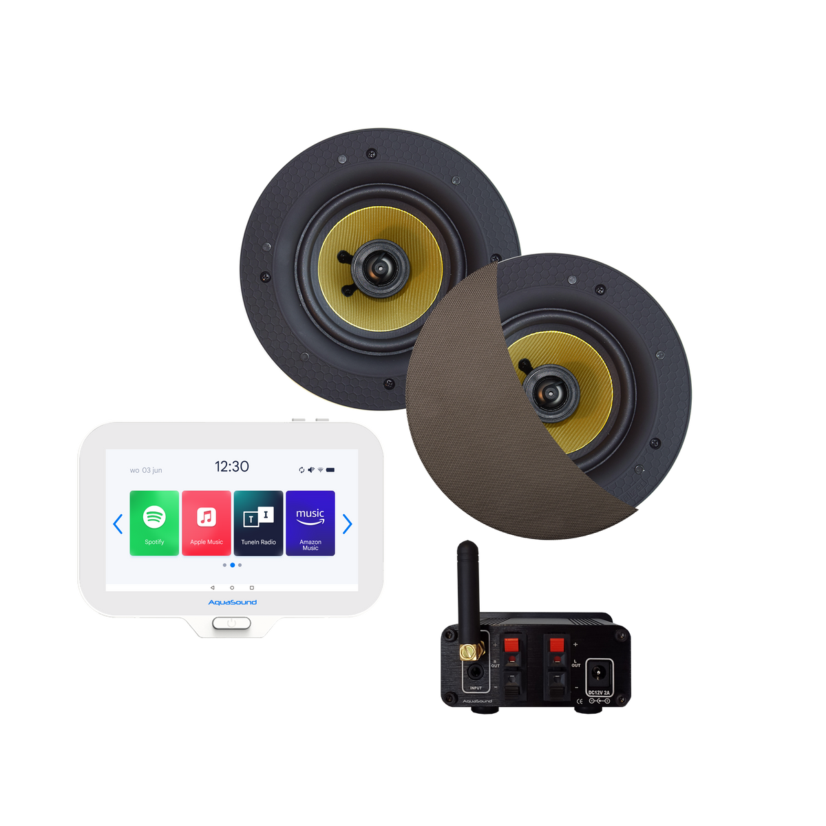 N-JOY CONNECT BADKAMERRADIO,  CONTROLLER (IPX7) + WAND LADER + SAMBA SPEAKERSET (INOX/RVS LOOK) BLUETOOTH / 50 WATT / 230V/12V