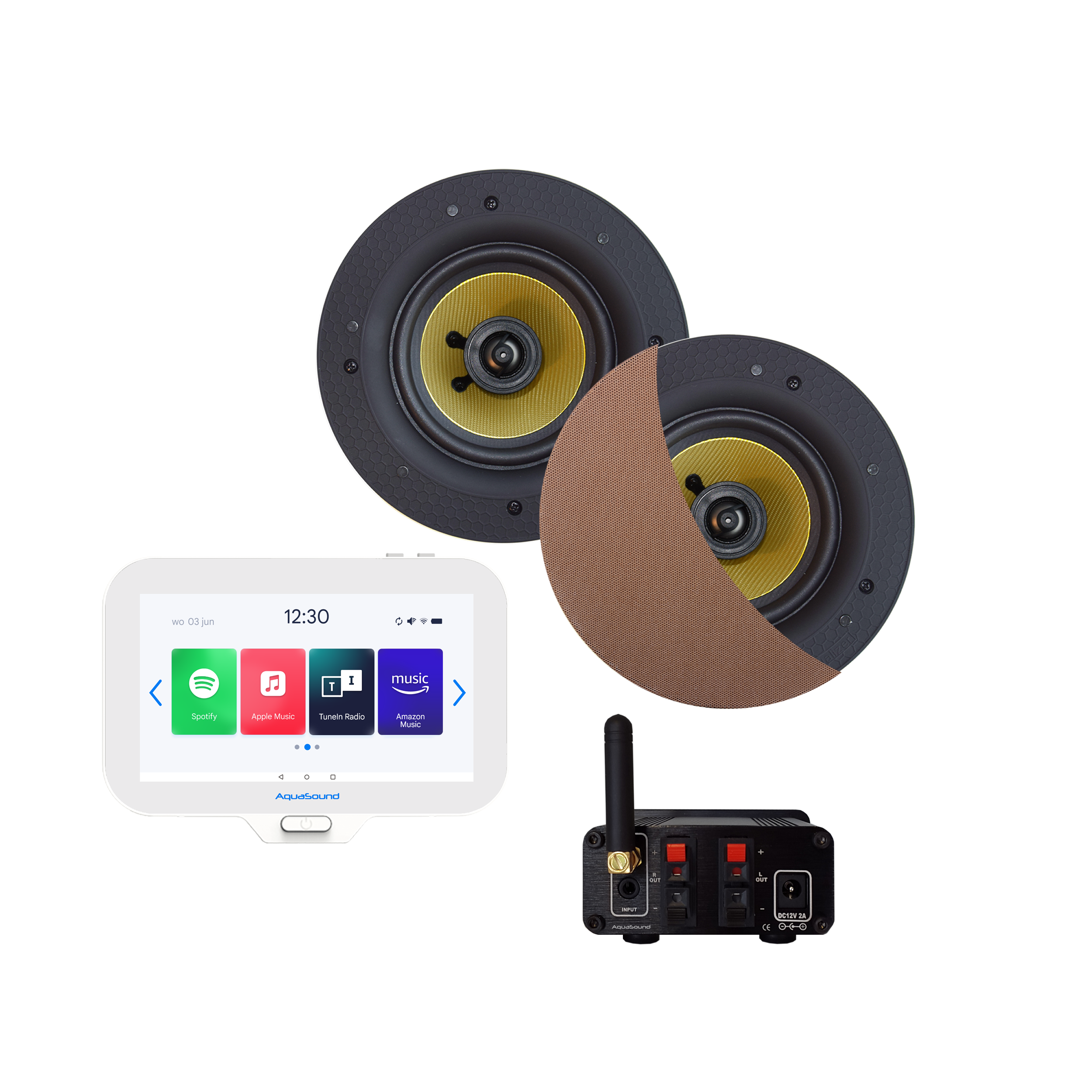 N-JOY CONNECT BADKAMERRADIO,  CONTROLLER (IPX7) + WAND LADER + SAMBA SPEAKERSET (BRUSHED RED GOLD) BLUETOOTH / 50 WATT / 230V/12V
