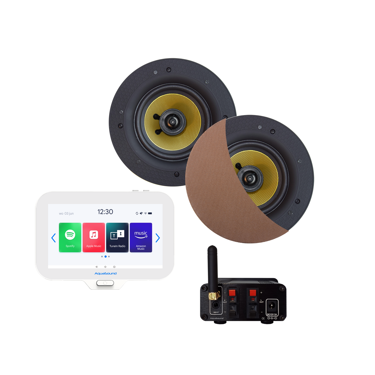 N-JOY CONNECT BADKAMERRADIO,  CONTROLLER (IPX7) + WAND LADER + SAMBA SPEAKERSET (BRUSHED RED GOLD) BLUETOOTH / 50 WATT / 230V/12V