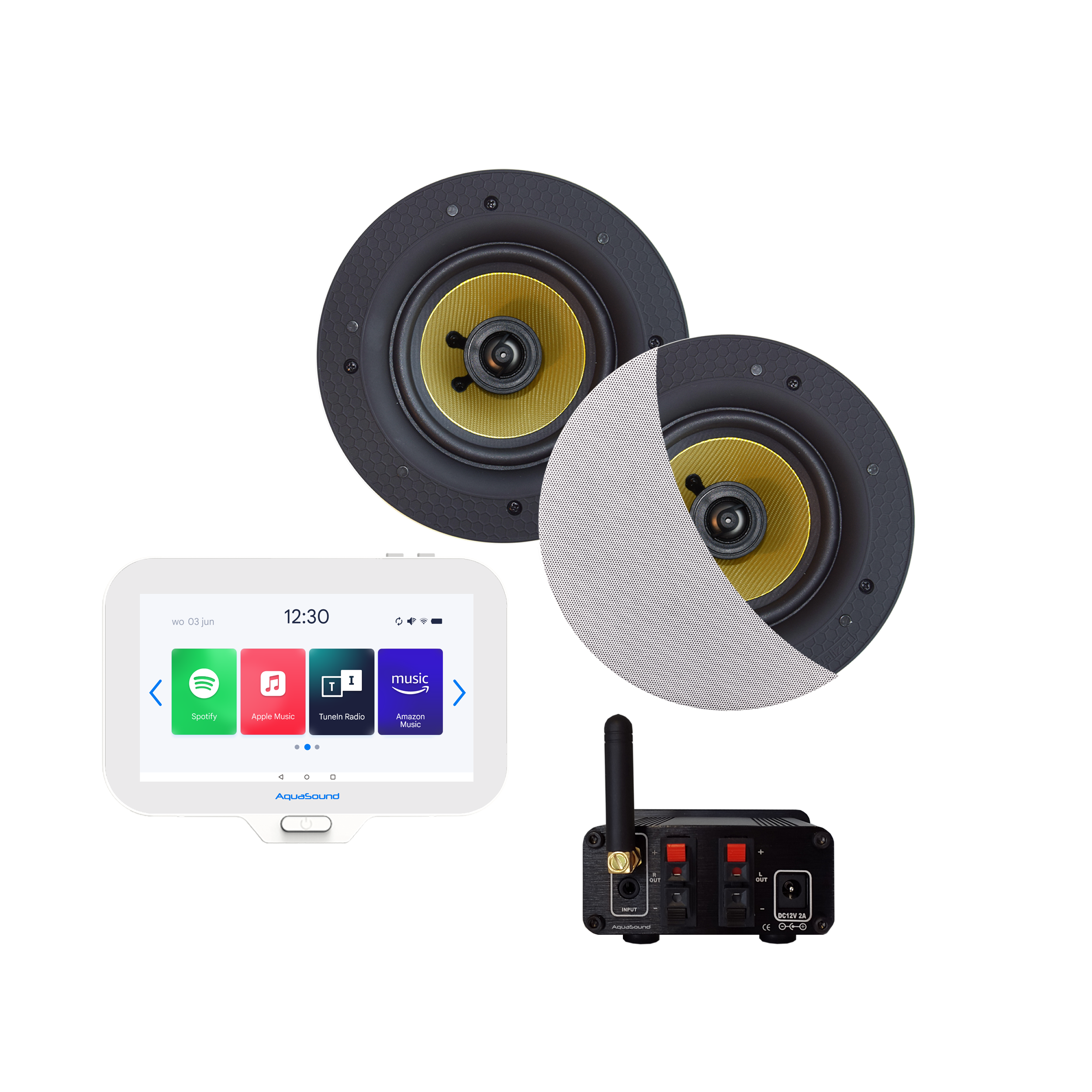 N-JOY CONNECT BADKAMERRADIO,  CONTROLLER (IPX7) + WAND LADER + SAMBA SPEAKERSET WIT+ BLUETOOTH VERSTERKER / 50 WATT / 230V/12V