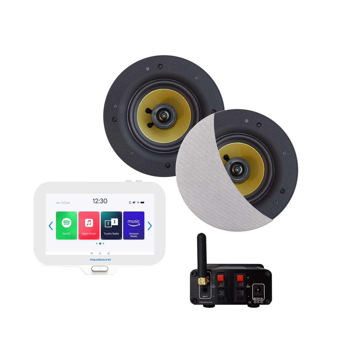 N-JOY CONNECT BADKAMERRADIO,  CONTROLLER (IPX7) + WAND LADER + SAMBA SPEAKERSET WIT+ BLUETOOTH VERSTERKER / 50 WATT / 230V/12V