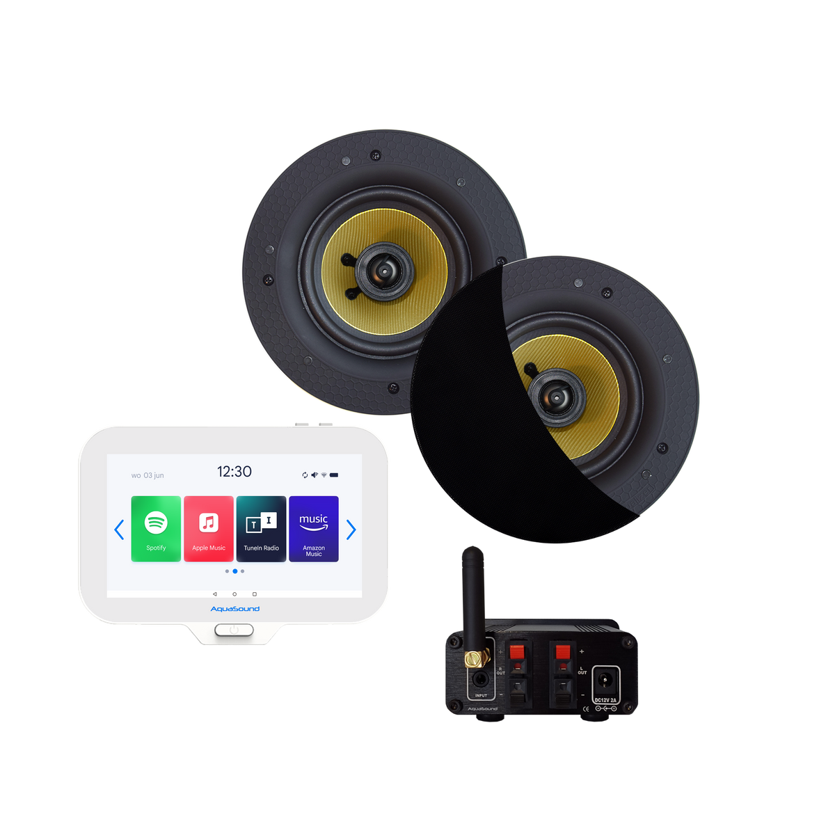 N-JOY CONNECT BADKAMERRADIO,  CONTROLLER (IPX7) + WAND LADER + SAMBA SPEAKERSET ZWART + BLUETOOTH VERSTERKER / 50 WATT / 230V/12V