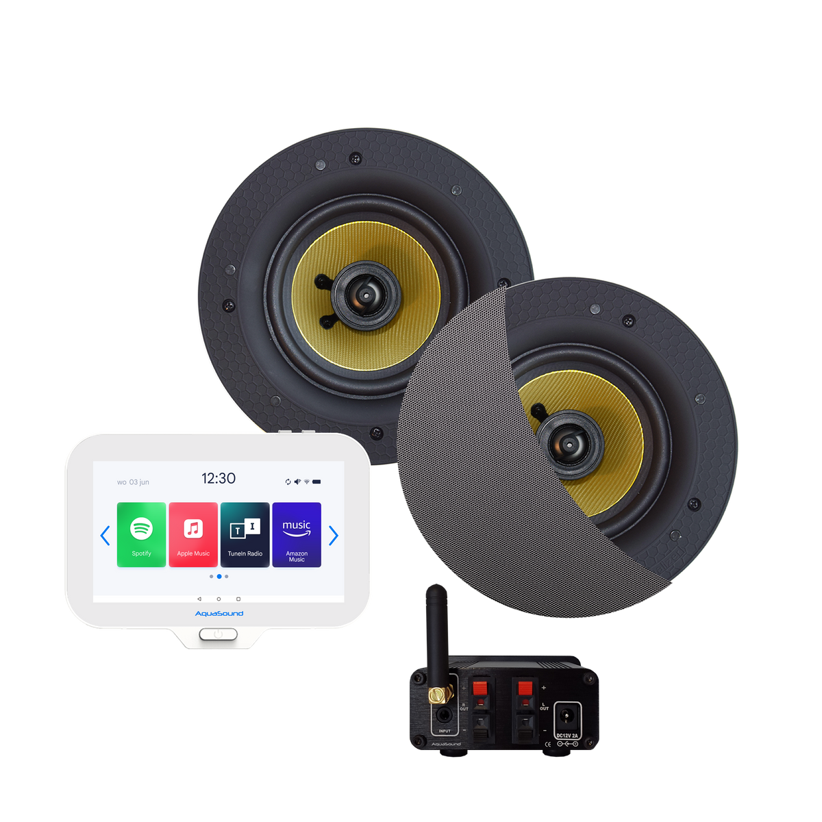 N-JOY CONNECT BADKAMERRADIO,  CONTROLLER (IPX7) + WAND LADER + ZUMBA SPEAKERSET (MAT CHROOM)  BLUETOOTH / 70 WATT / 230V/24V