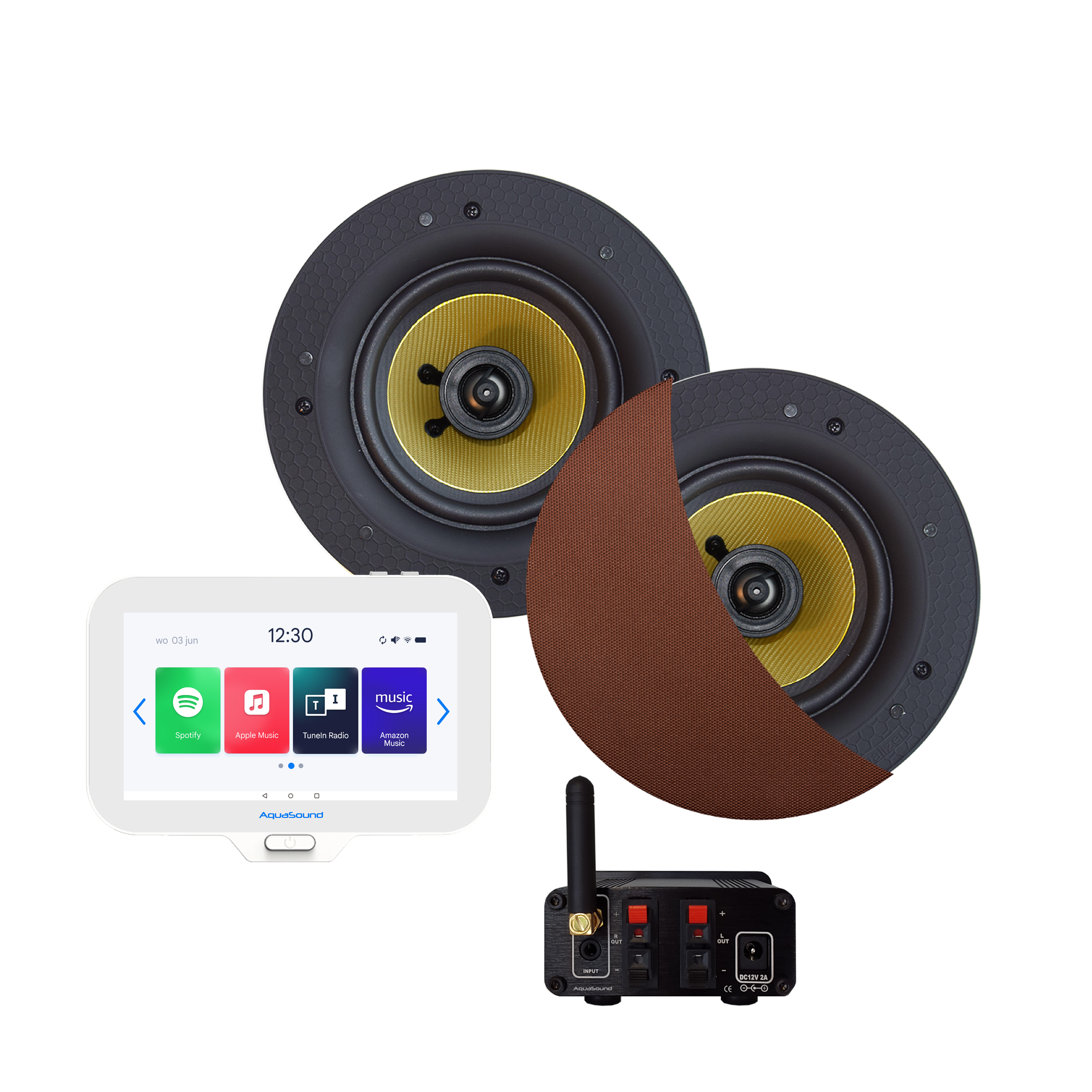 N-JOY CONNECT BADKAMERRADIO,  CONTROLLER (IPX7) + WAND LADER + ZUMBA SPEAKERSET (BRUSHED COPPER) BLUETOOTH / 70 WATT / 230V/24V