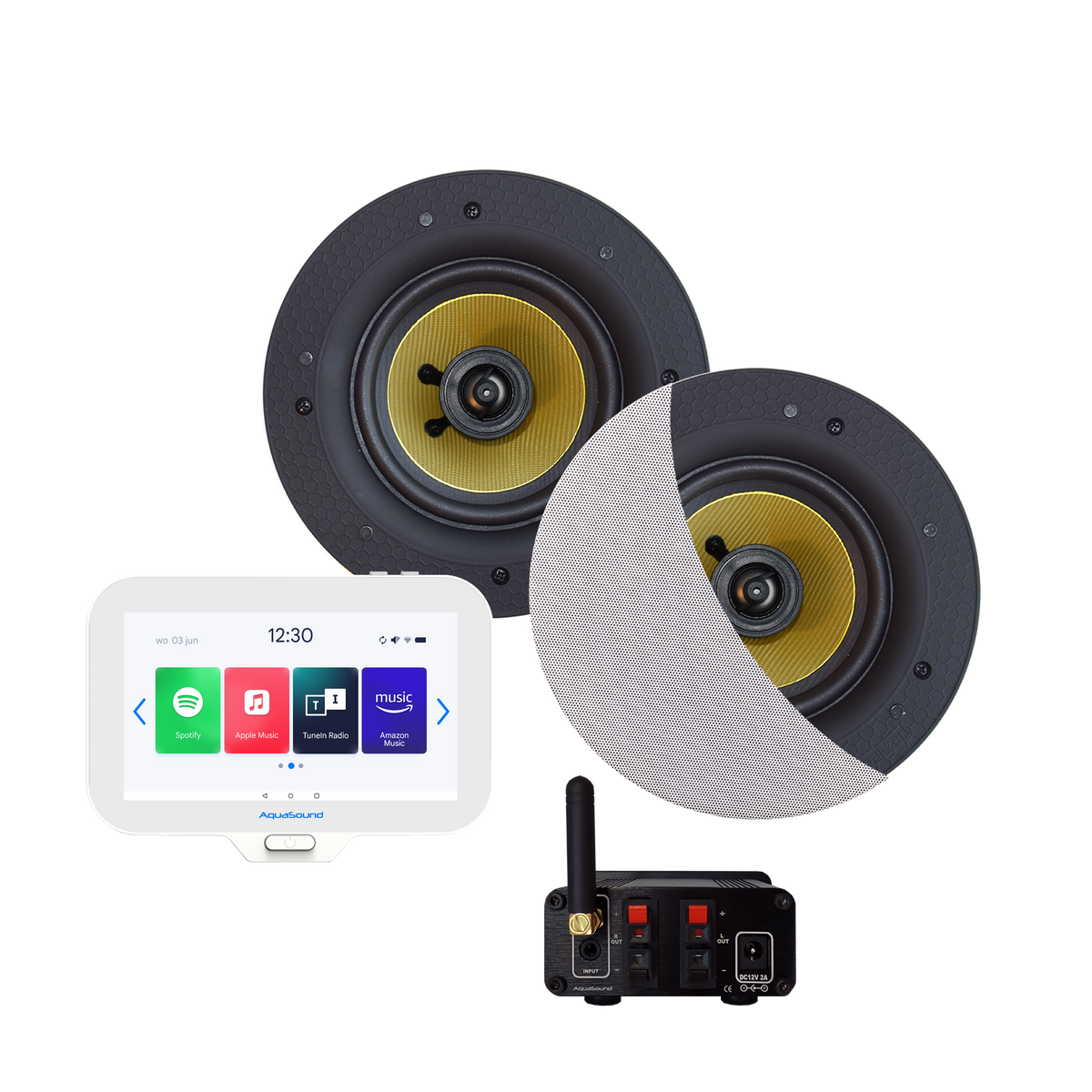 N-JOY CONNECT BADKAMERRADIO,  CONTROLLER (IPX7) + WAND LADER + ZUMBA SPEAKERSET WIT+ BLUETOOTH VERSTERKER / 70 WATT / 230V/24V