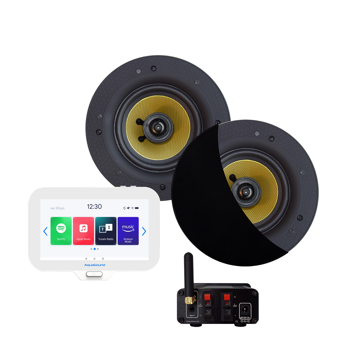 N-JOY CONNECT BADKAMERRADIO,  CONTROLLER (IPX7) + WAND LADER + ZUMBA SPEAKERSET ZWART + BLUETOOTH VERSTERKER / 70 WATT / 230V/24V