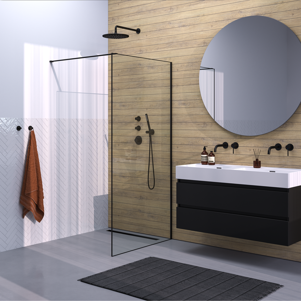 BRAUER Black Frame Inloopdouche set 1 helder glas 100x200 met muurprofiel en lijst rondom mat zwart GS-ILMP1H100200S