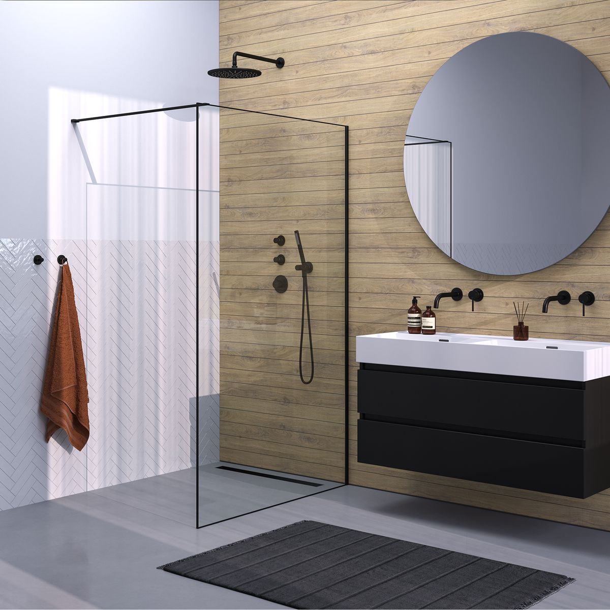 BRAUER Black Frame Inloopdouche set 1 helder glas 120x200 met muurprofiel en lijst rondom mat zwart GS-ILMP1H120200S