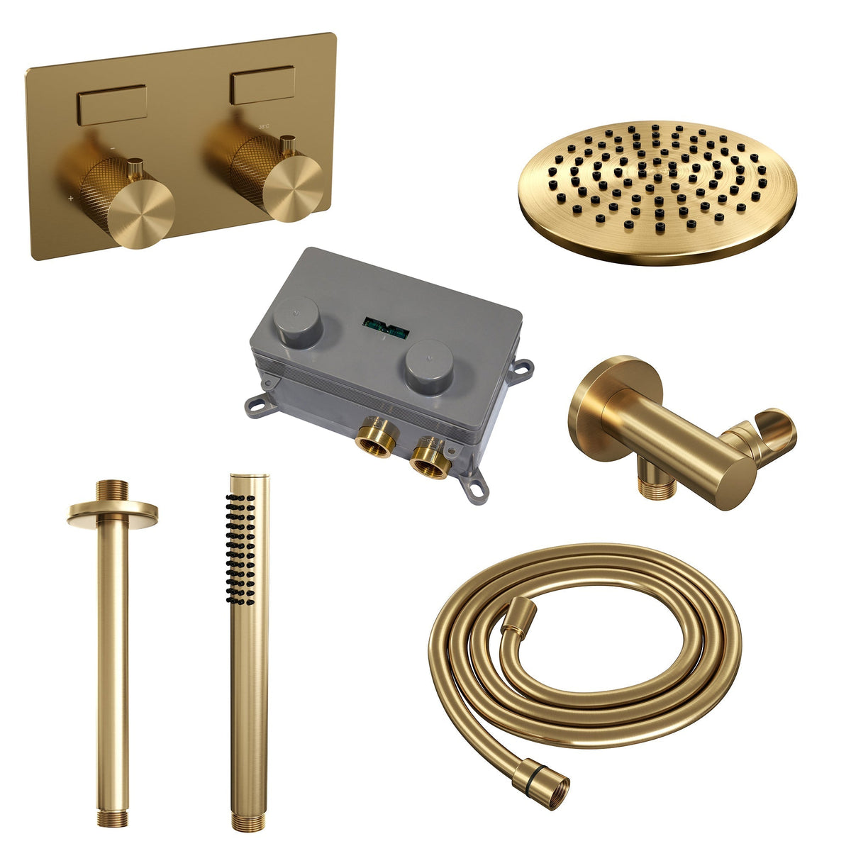 Brauer Carving inbouw doucheset - staafhanddouche - 20cm hoofdouche - plafondbuis - wandsteun - Geborsteld Goud PVD