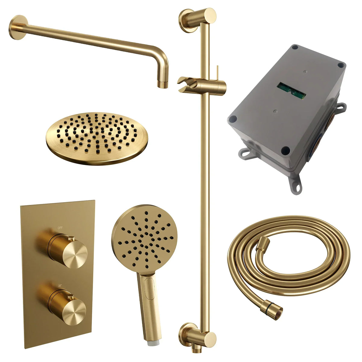 Brauer Edition inbouwset met 3-weg thermostaat - hoofddouche 20cm - gebogen wandarm 40cm - ronde 3-standen handdouche - glijstang met aansluitbocht - Geborsteld Goud PVD