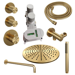 Brauer Carving thermostatische inbouw doucheset - hoofddouche 30cm - gebogen wandarm - staafhanddouche - Geborsteld Goud PVD