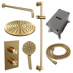 Brauer Edition inbouwset met 3-weg thermostaat - hoofddouche 30cm - gebogen wandarm 40cm - ronde 3-standen handdouche - glijstang met aansluitbocht - Geborsteld Goud PVD