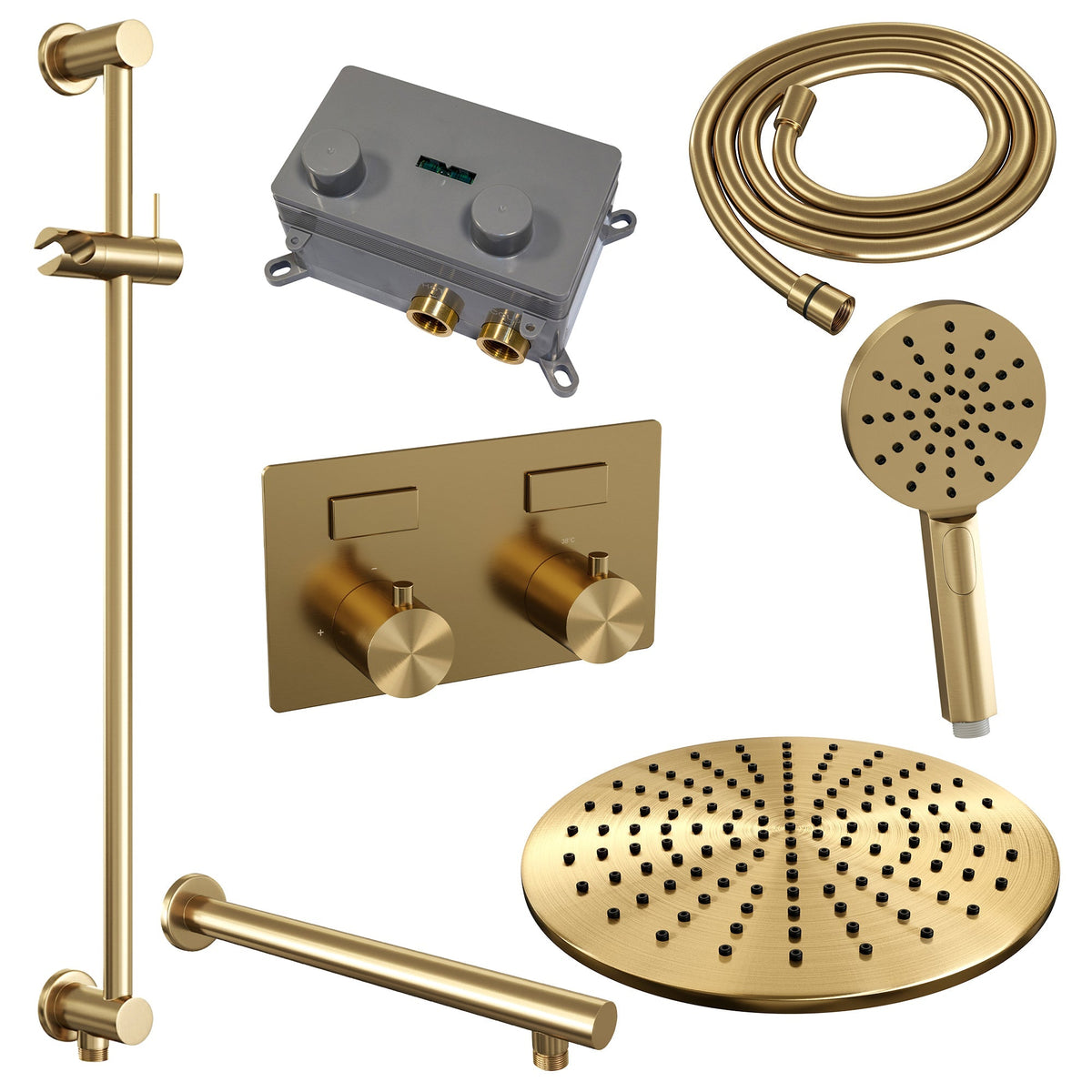 Brauer Edition inbouw doucheset - ronde handdouche - 30cm hoofdouche - rechte wandarm - glijstang - Geborsteld Goud PVD